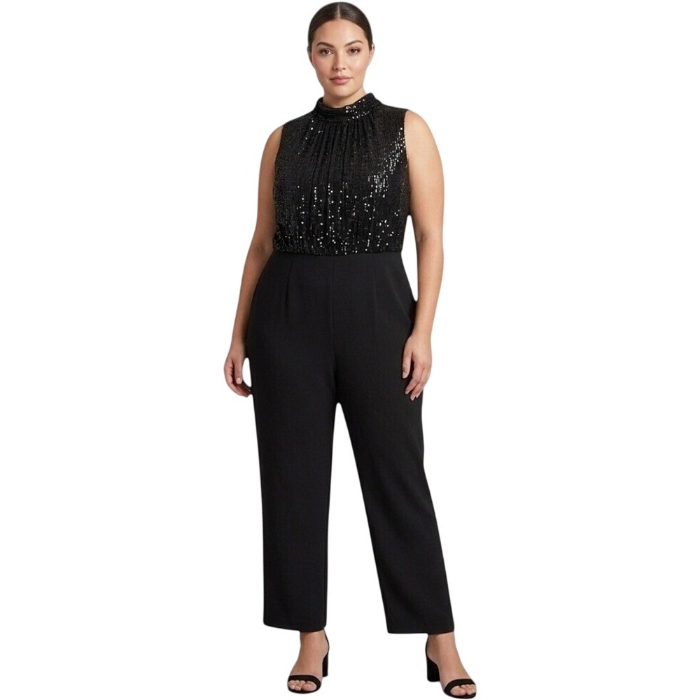 Eliza J Jumpsuit Women 20W Black Sequin Mock Neck Sleeveless Straight Leg